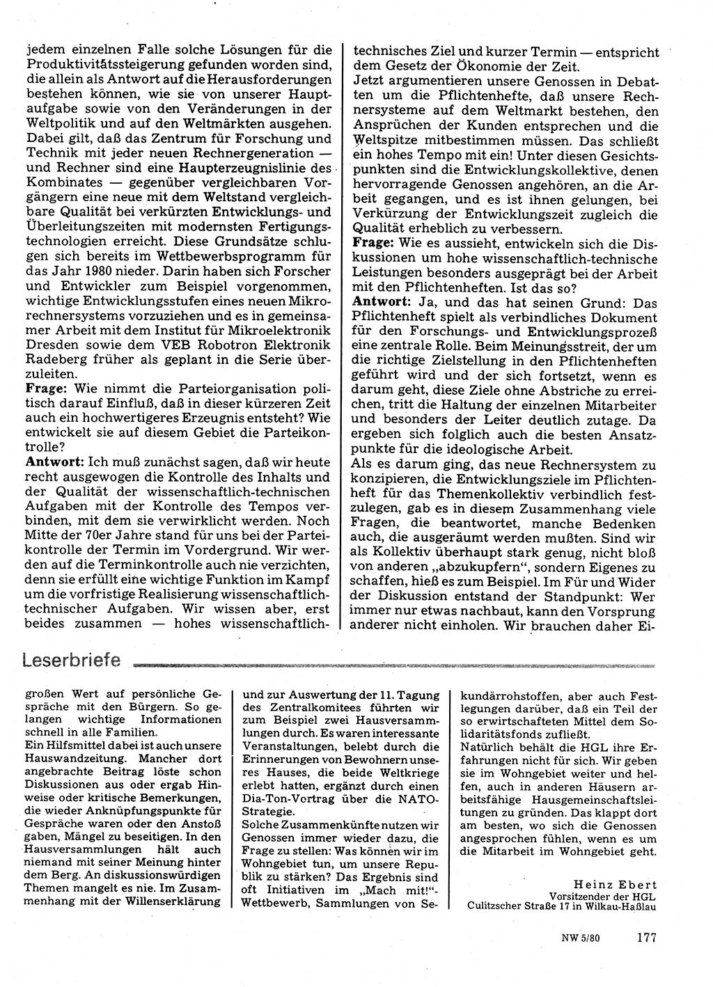 Neuer Weg (NW), Organ des Zentralkomitees (ZK) der SED (Sozialistische Einheitspartei Deutschlands) für Fragen des Parteilebens, 35. Jahrgang [Deutsche Demokratische Republik (DDR)] 1980, Seite 177 (NW ZK SED DDR 1980, S. 177)