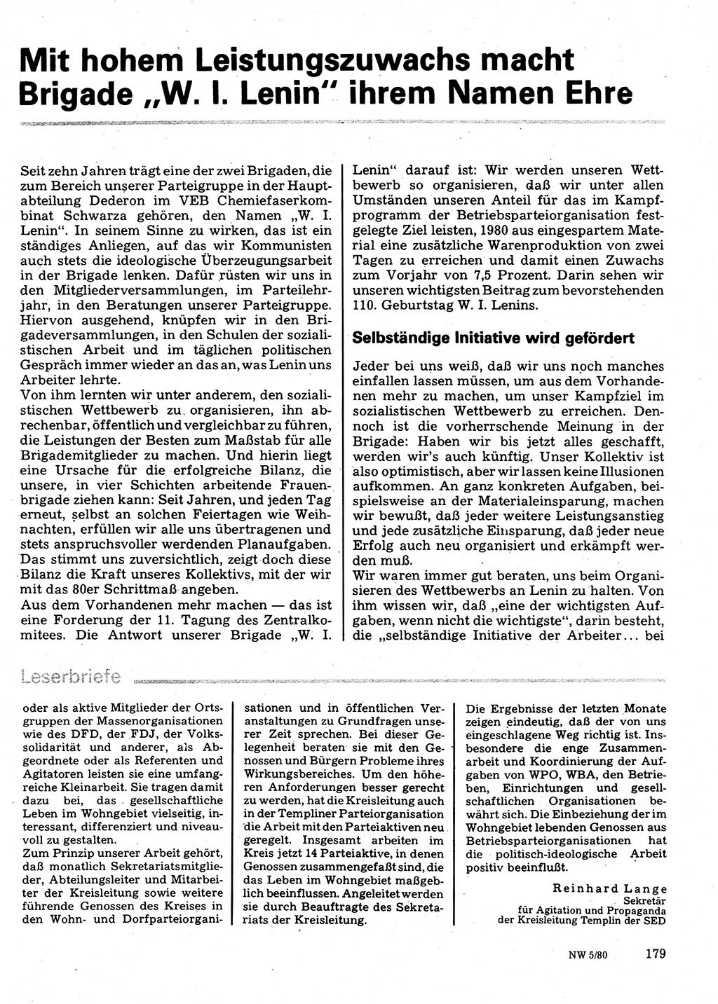 Neuer Weg (NW), Organ des Zentralkomitees (ZK) der SED (Sozialistische Einheitspartei Deutschlands) für Fragen des Parteilebens, 35. Jahrgang [Deutsche Demokratische Republik (DDR)] 1980, Seite 179 (NW ZK SED DDR 1980, S. 179)