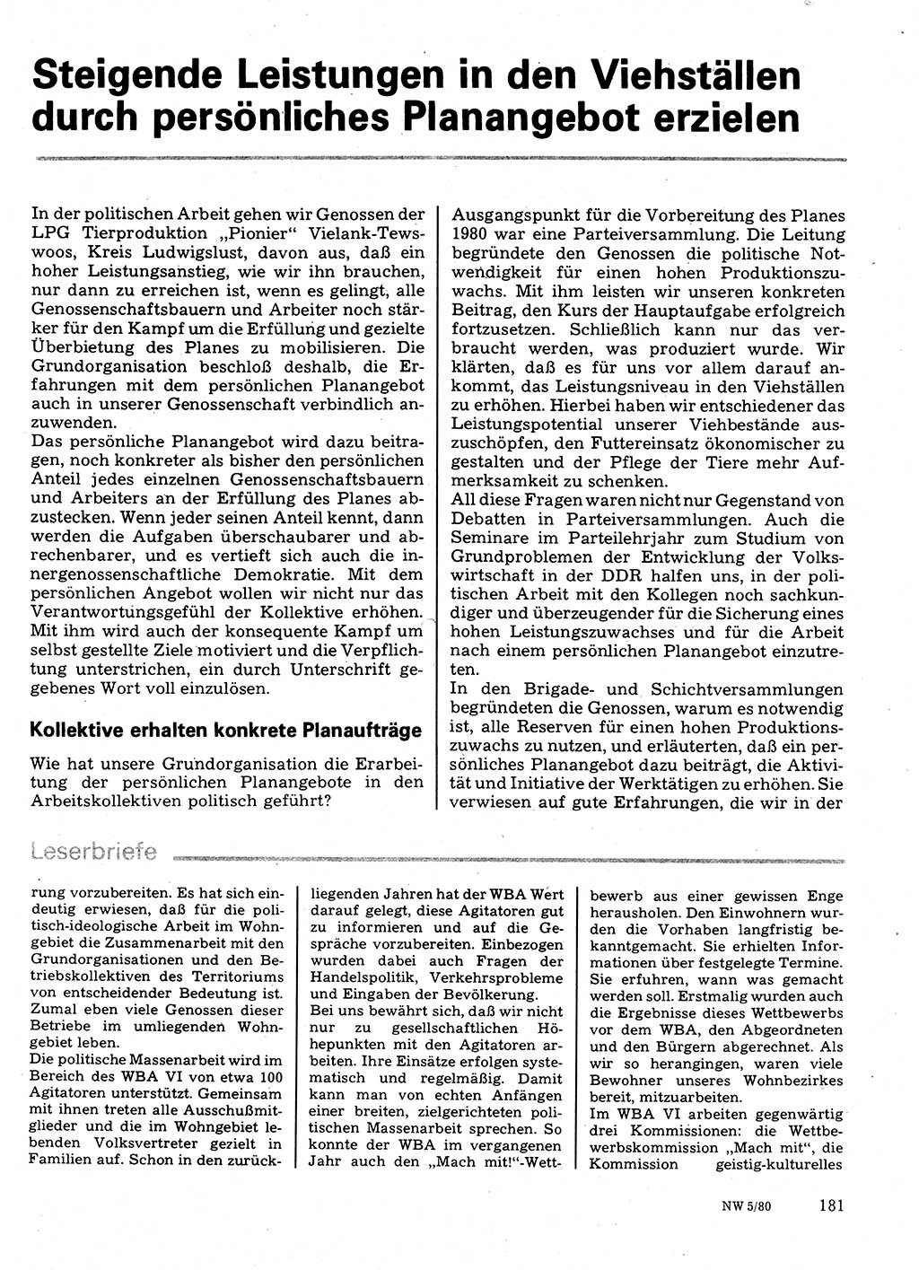 Neuer Weg (NW), Organ des Zentralkomitees (ZK) der SED (Sozialistische Einheitspartei Deutschlands) für Fragen des Parteilebens, 35. Jahrgang [Deutsche Demokratische Republik (DDR)] 1980, Seite 181 (NW ZK SED DDR 1980, S. 181)