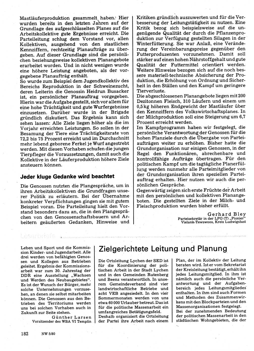 Neuer Weg (NW), Organ des Zentralkomitees (ZK) der SED (Sozialistische Einheitspartei Deutschlands) für Fragen des Parteilebens, 35. Jahrgang [Deutsche Demokratische Republik (DDR)] 1980, Seite 182 (NW ZK SED DDR 1980, S. 182)