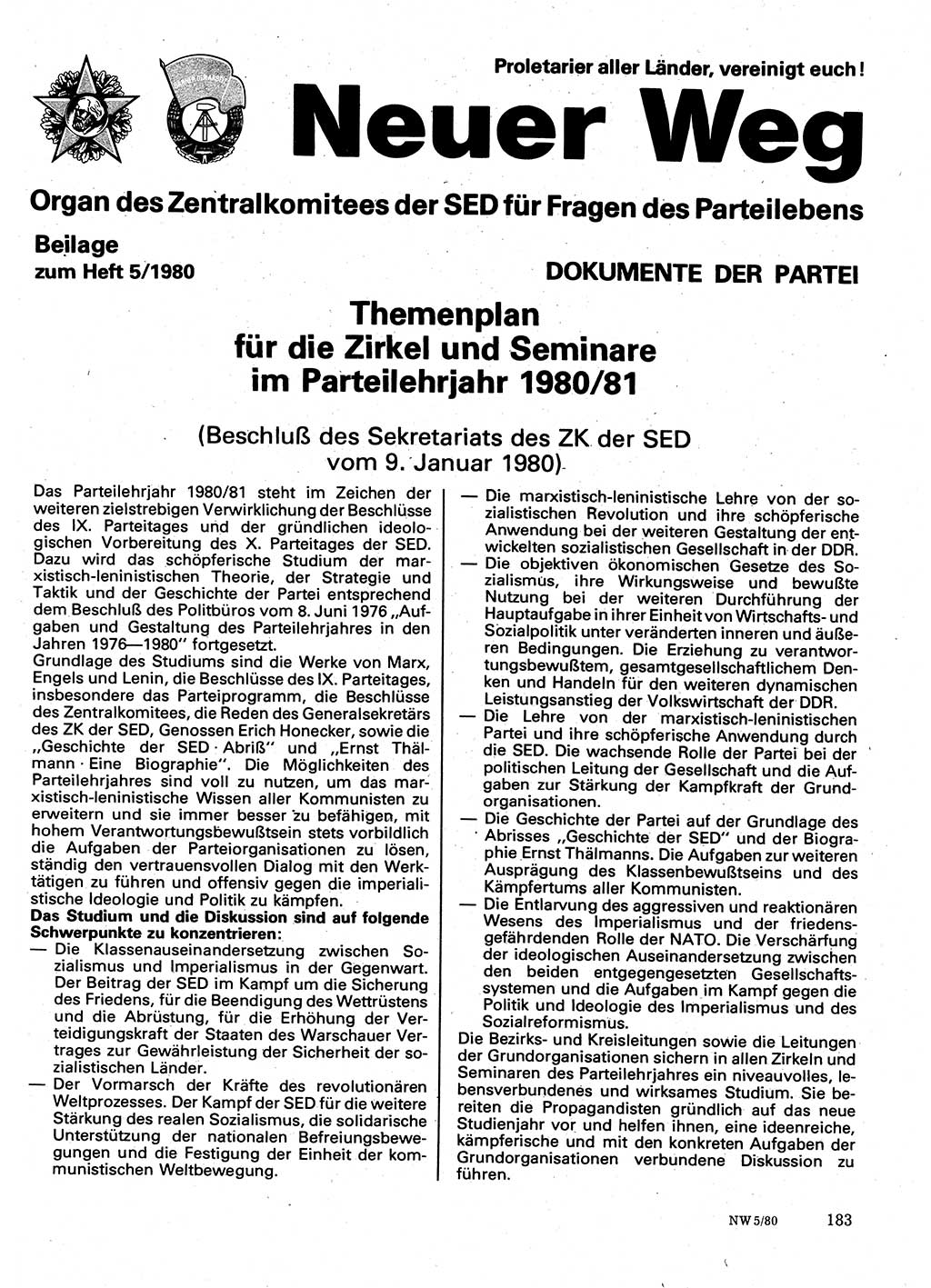 Neuer Weg (NW), Organ des Zentralkomitees (ZK) der SED (Sozialistische Einheitspartei Deutschlands) für Fragen des Parteilebens, 35. Jahrgang [Deutsche Demokratische Republik (DDR)] 1980, Seite 183 (NW ZK SED DDR 1980, S. 183)