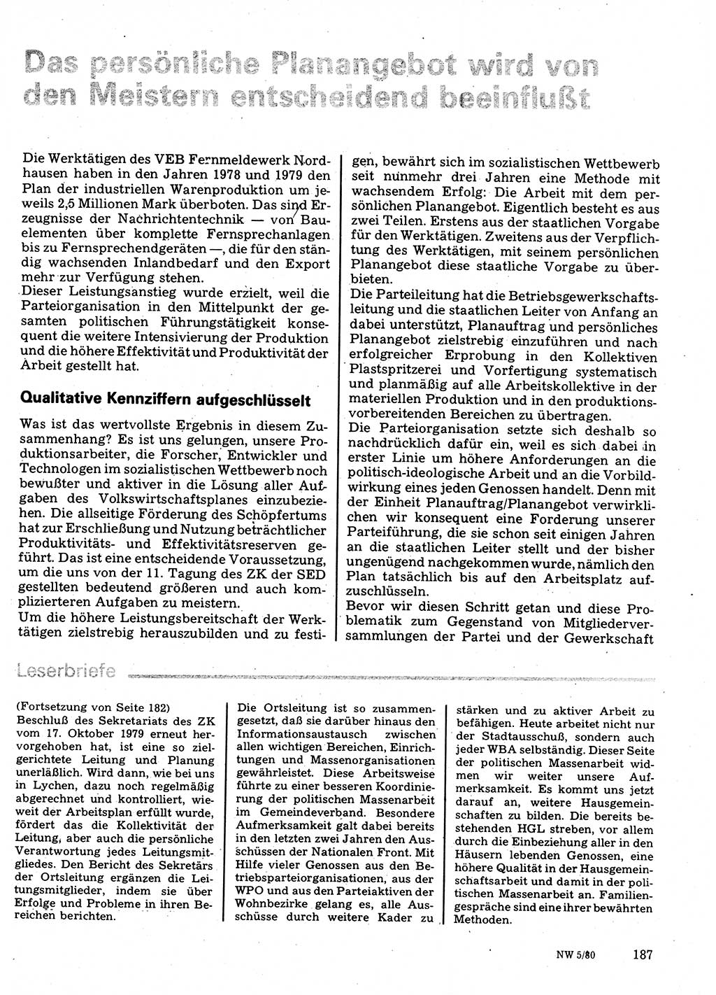 Neuer Weg (NW), Organ des Zentralkomitees (ZK) der SED (Sozialistische Einheitspartei Deutschlands) für Fragen des Parteilebens, 35. Jahrgang [Deutsche Demokratische Republik (DDR)] 1980, Seite 187 (NW ZK SED DDR 1980, S. 187)