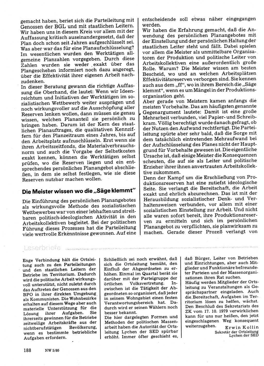 Neuer Weg (NW), Organ des Zentralkomitees (ZK) der SED (Sozialistische Einheitspartei Deutschlands) für Fragen des Parteilebens, 35. Jahrgang [Deutsche Demokratische Republik (DDR)] 1980, Seite 188 (NW ZK SED DDR 1980, S. 188)