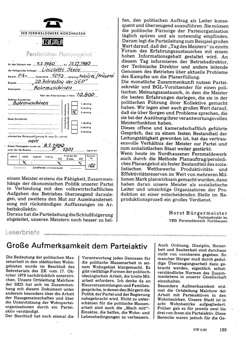 Neuer Weg (NW), Organ des Zentralkomitees (ZK) der SED (Sozialistische Einheitspartei Deutschlands) für Fragen des Parteilebens, 35. Jahrgang [Deutsche Demokratische Republik (DDR)] 1980, Seite 189 (NW ZK SED DDR 1980, S. 189)