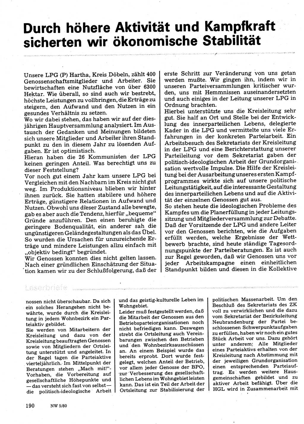 Neuer Weg (NW), Organ des Zentralkomitees (ZK) der SED (Sozialistische Einheitspartei Deutschlands) für Fragen des Parteilebens, 35. Jahrgang [Deutsche Demokratische Republik (DDR)] 1980, Seite 190 (NW ZK SED DDR 1980, S. 190)