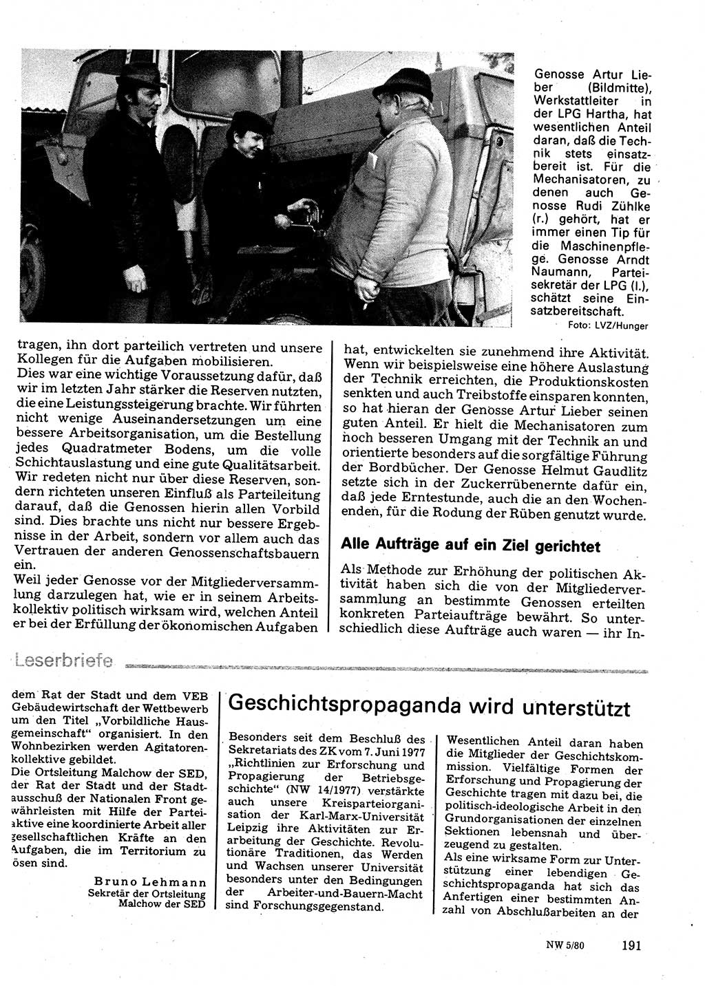 Neuer Weg (NW), Organ des Zentralkomitees (ZK) der SED (Sozialistische Einheitspartei Deutschlands) für Fragen des Parteilebens, 35. Jahrgang [Deutsche Demokratische Republik (DDR)] 1980, Seite 191 (NW ZK SED DDR 1980, S. 191)