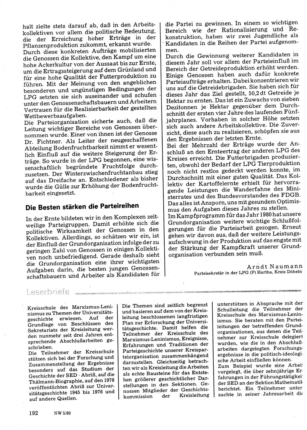 Neuer Weg (NW), Organ des Zentralkomitees (ZK) der SED (Sozialistische Einheitspartei Deutschlands) für Fragen des Parteilebens, 35. Jahrgang [Deutsche Demokratische Republik (DDR)] 1980, Seite 192 (NW ZK SED DDR 1980, S. 192)