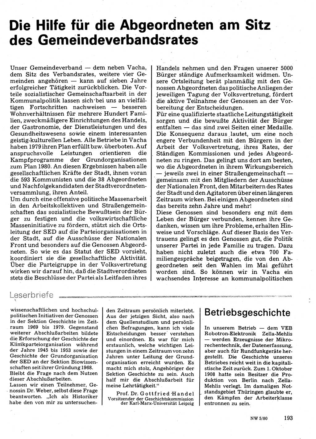 Neuer Weg (NW), Organ des Zentralkomitees (ZK) der SED (Sozialistische Einheitspartei Deutschlands) für Fragen des Parteilebens, 35. Jahrgang [Deutsche Demokratische Republik (DDR)] 1980, Seite 193 (NW ZK SED DDR 1980, S. 193)