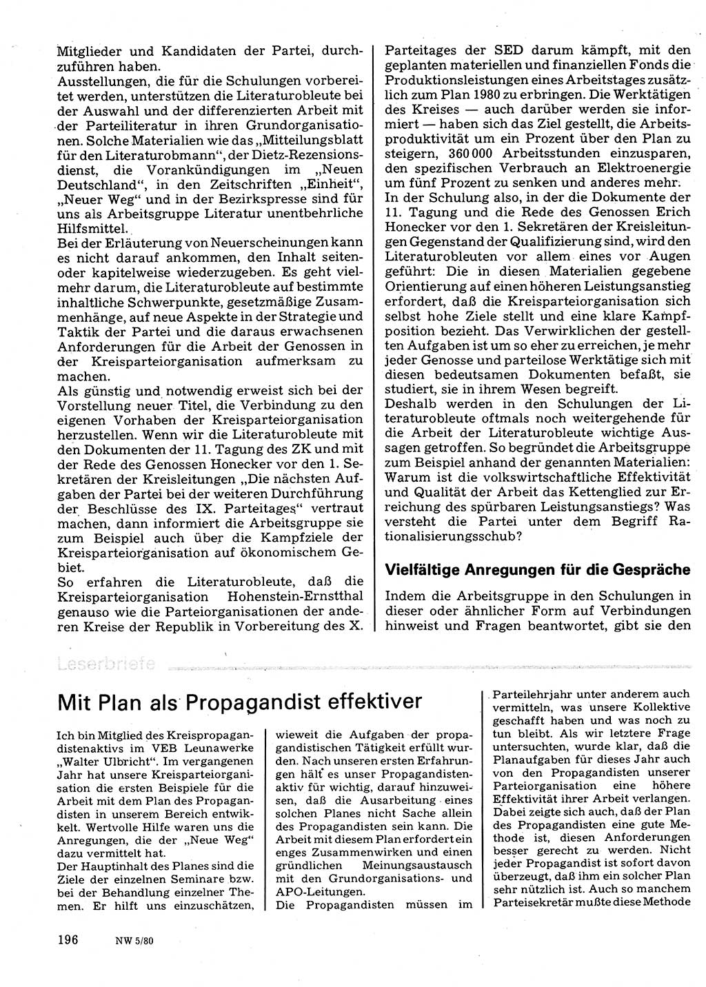 Neuer Weg (NW), Organ des Zentralkomitees (ZK) der SED (Sozialistische Einheitspartei Deutschlands) für Fragen des Parteilebens, 35. Jahrgang [Deutsche Demokratische Republik (DDR)] 1980, Seite 196 (NW ZK SED DDR 1980, S. 196)