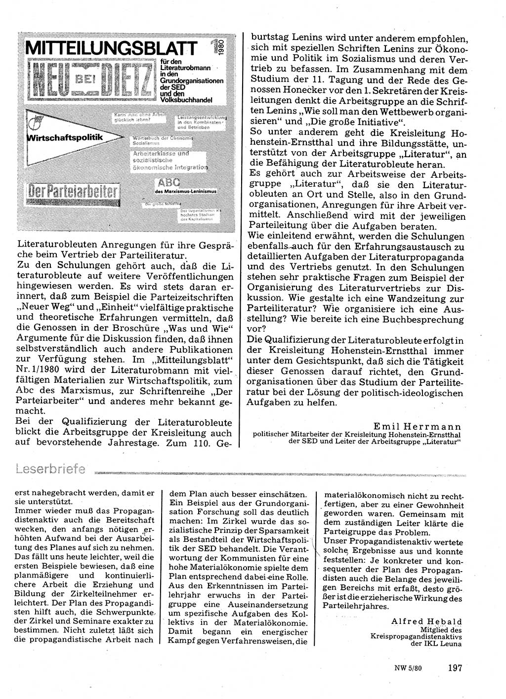 Neuer Weg (NW), Organ des Zentralkomitees (ZK) der SED (Sozialistische Einheitspartei Deutschlands) für Fragen des Parteilebens, 35. Jahrgang [Deutsche Demokratische Republik (DDR)] 1980, Seite 197 (NW ZK SED DDR 1980, S. 197)
