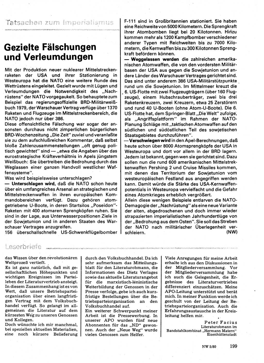 Neuer Weg (NW), Organ des Zentralkomitees (ZK) der SED (Sozialistische Einheitspartei Deutschlands) für Fragen des Parteilebens, 35. Jahrgang [Deutsche Demokratische Republik (DDR)] 1980, Seite 199 (NW ZK SED DDR 1980, S. 199)