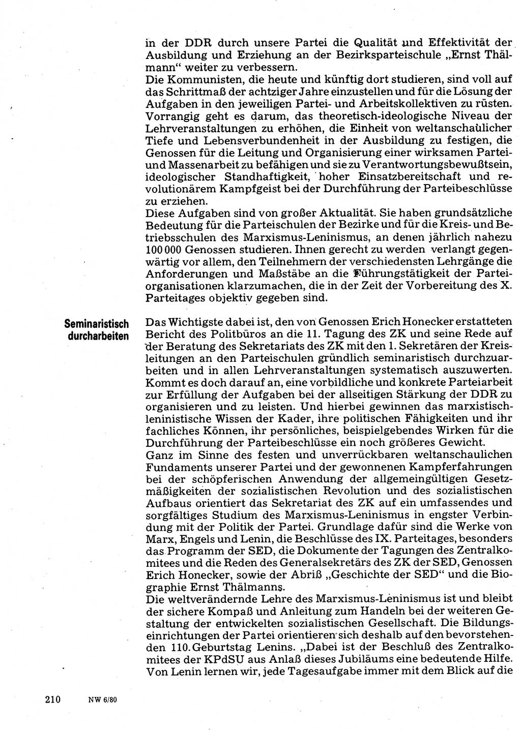 Neuer Weg (NW), Organ des Zentralkomitees (ZK) der SED (Sozialistische Einheitspartei Deutschlands) für Fragen des Parteilebens, 35. Jahrgang [Deutsche Demokratische Republik (DDR)] 1980, Seite 210 (NW ZK SED DDR 1980, S. 210)