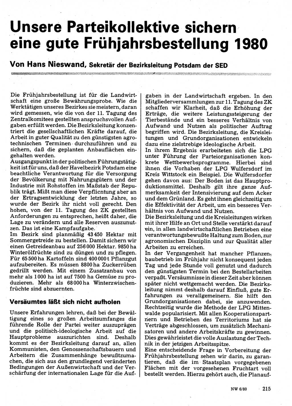 Neuer Weg (NW), Organ des Zentralkomitees (ZK) der SED (Sozialistische Einheitspartei Deutschlands) fÃ¼r Fragen des Parteilebens, 35. Jahrgang [Deutsche Demokratische Republik (DDR)] 1980, Seite 215 (NW ZK SED DDR 1980, S. 215)