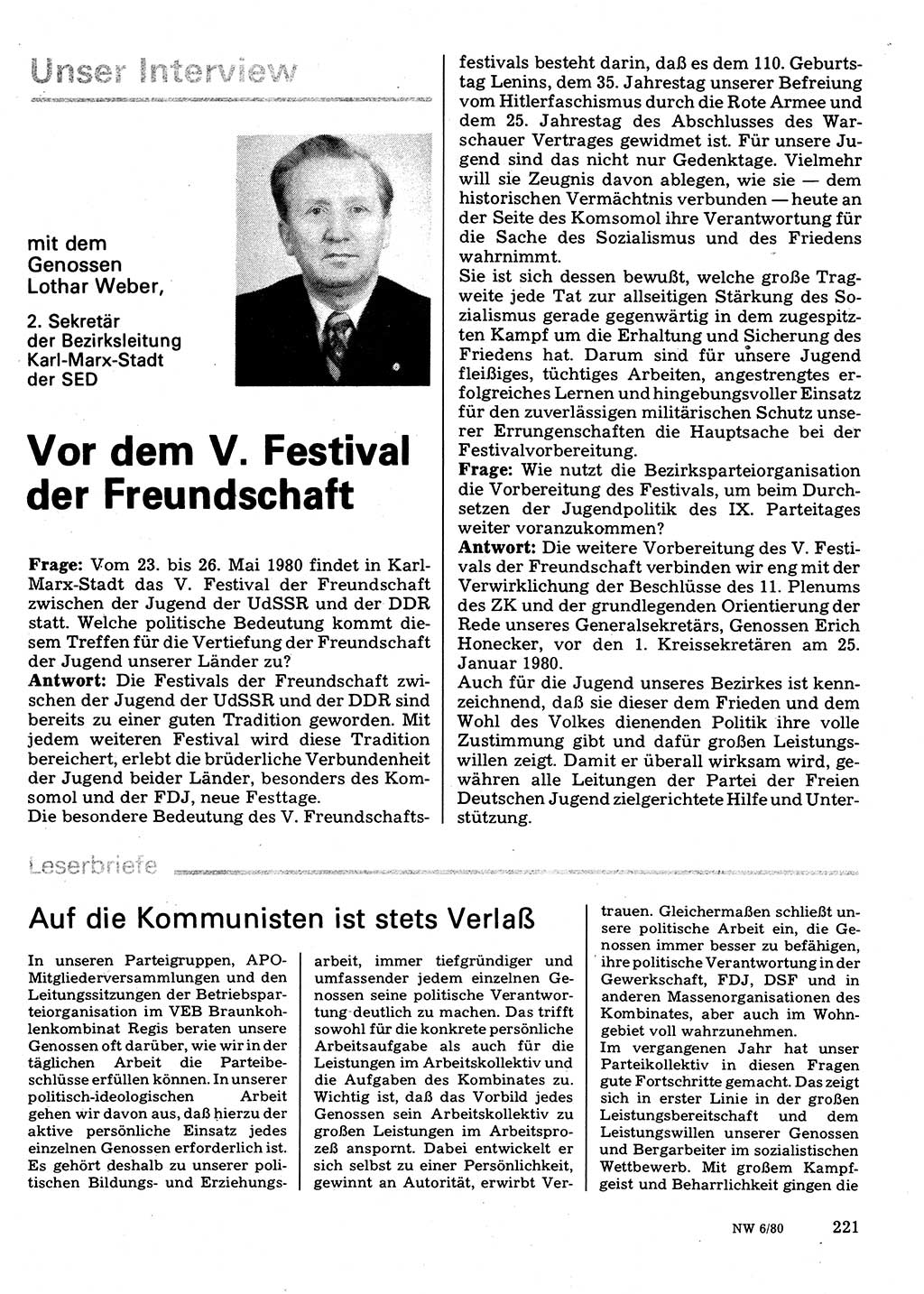 Neuer Weg (NW), Organ des Zentralkomitees (ZK) der SED (Sozialistische Einheitspartei Deutschlands) für Fragen des Parteilebens, 35. Jahrgang [Deutsche Demokratische Republik (DDR)] 1980, Seite 221 (NW ZK SED DDR 1980, S. 221)