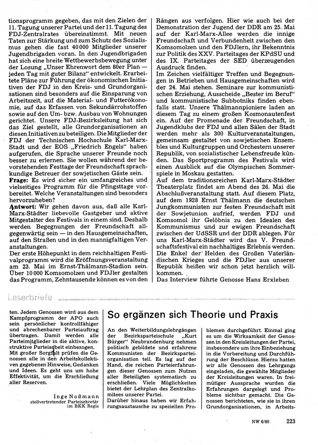 Neuer Weg (NW), Organ des Zentralkomitees (ZK) der SED (Sozialistische Einheitspartei Deutschlands) für Fragen des Parteilebens, 35. Jahrgang [Deutsche Demokratische Republik (DDR)] 1980, Seite 223 (NW ZK SED DDR 1980, S. 223)
