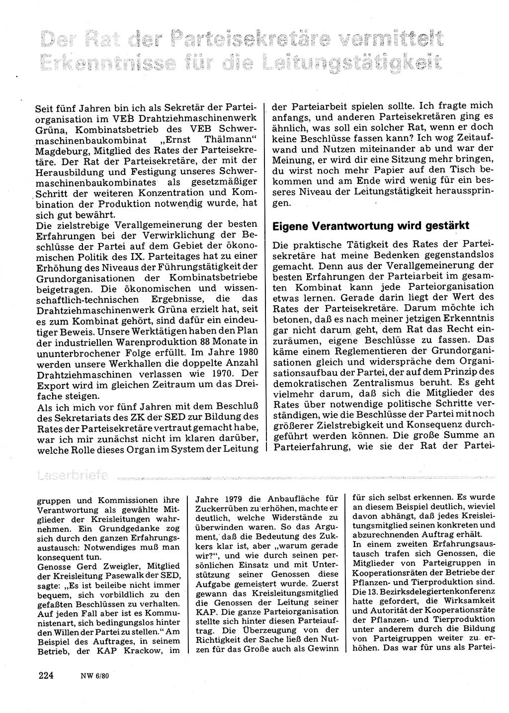 Neuer Weg (NW), Organ des Zentralkomitees (ZK) der SED (Sozialistische Einheitspartei Deutschlands) für Fragen des Parteilebens, 35. Jahrgang [Deutsche Demokratische Republik (DDR)] 1980, Seite 224 (NW ZK SED DDR 1980, S. 224)