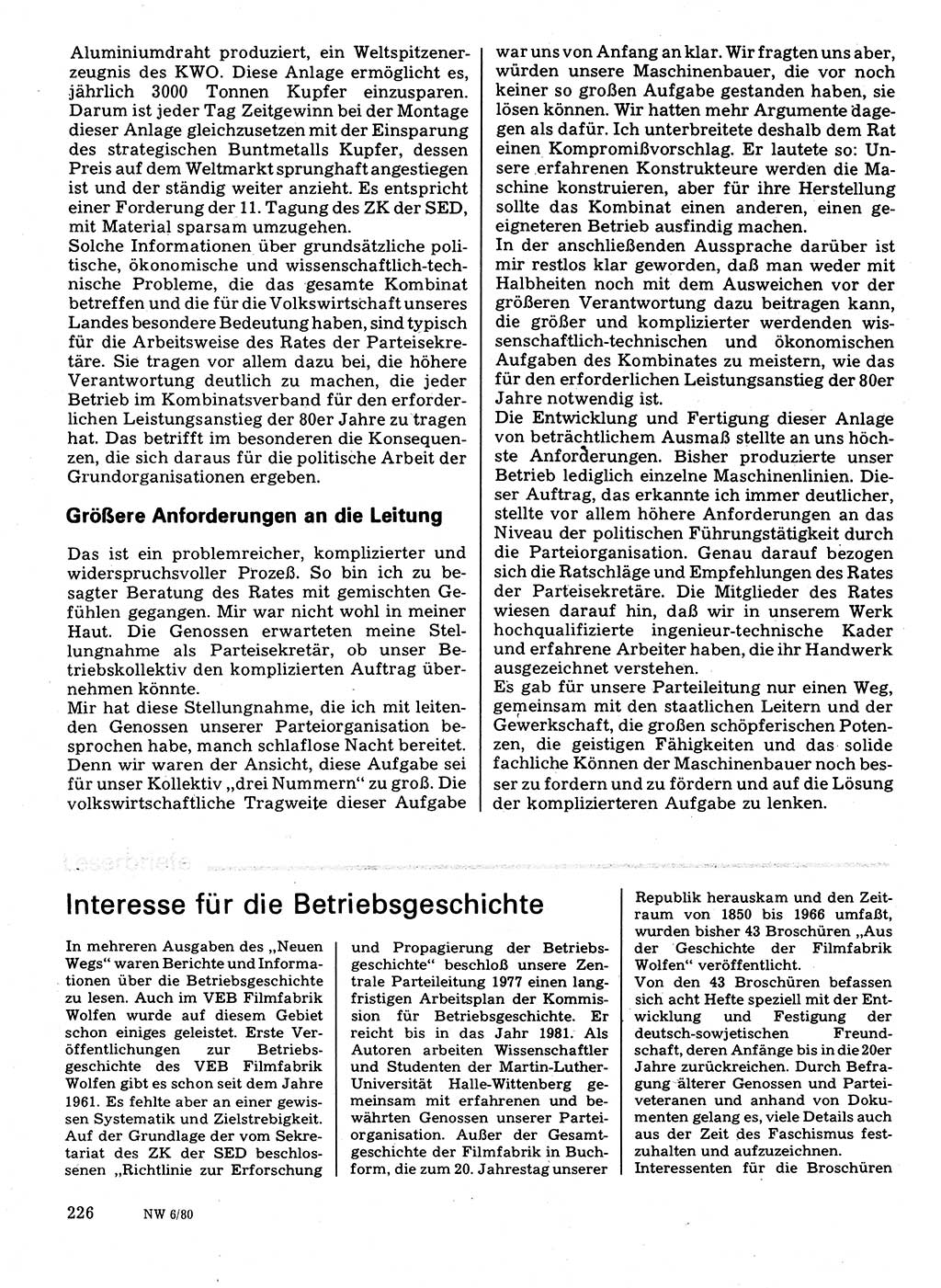 Neuer Weg (NW), Organ des Zentralkomitees (ZK) der SED (Sozialistische Einheitspartei Deutschlands) für Fragen des Parteilebens, 35. Jahrgang [Deutsche Demokratische Republik (DDR)] 1980, Seite 226 (NW ZK SED DDR 1980, S. 226)