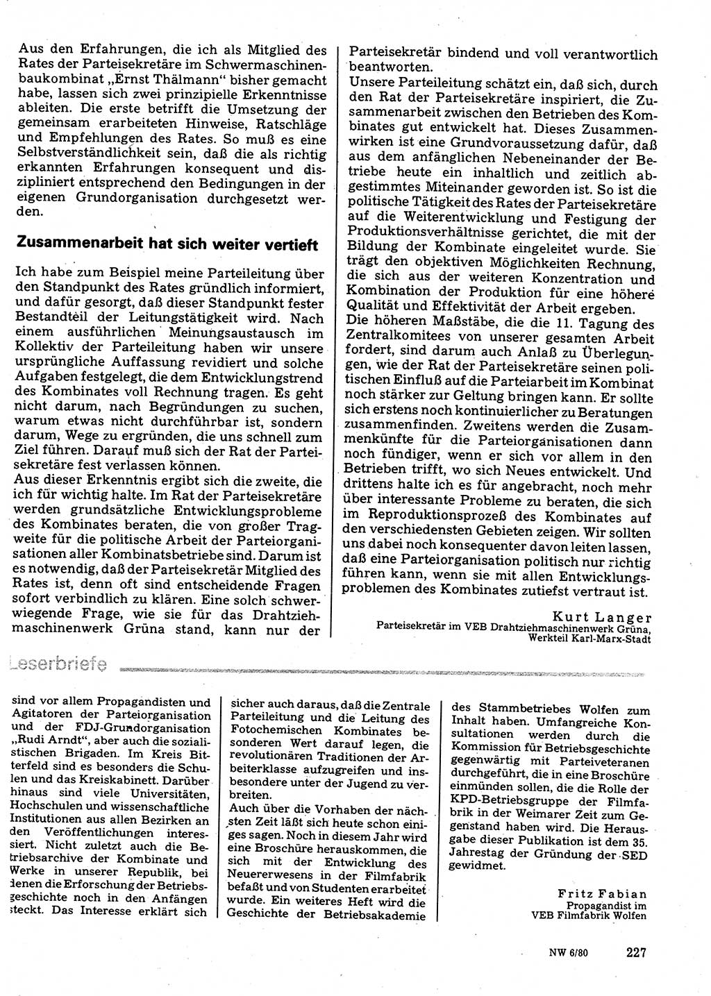 Neuer Weg (NW), Organ des Zentralkomitees (ZK) der SED (Sozialistische Einheitspartei Deutschlands) für Fragen des Parteilebens, 35. Jahrgang [Deutsche Demokratische Republik (DDR)] 1980, Seite 227 (NW ZK SED DDR 1980, S. 227)