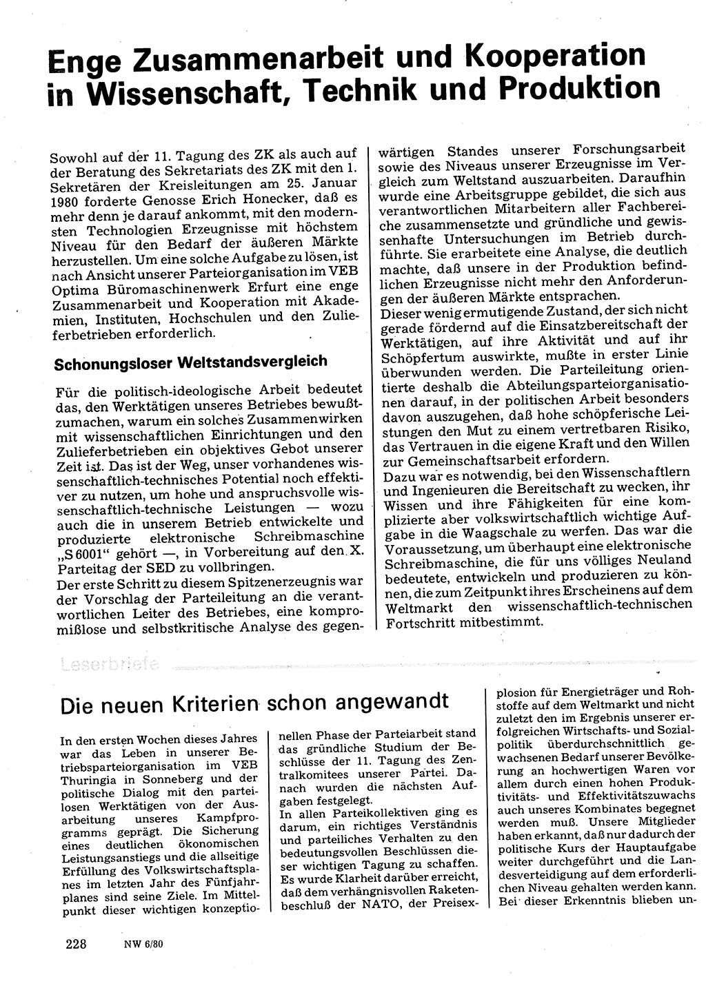 Neuer Weg (NW), Organ des Zentralkomitees (ZK) der SED (Sozialistische Einheitspartei Deutschlands) für Fragen des Parteilebens, 35. Jahrgang [Deutsche Demokratische Republik (DDR)] 1980, Seite 228 (NW ZK SED DDR 1980, S. 228)
