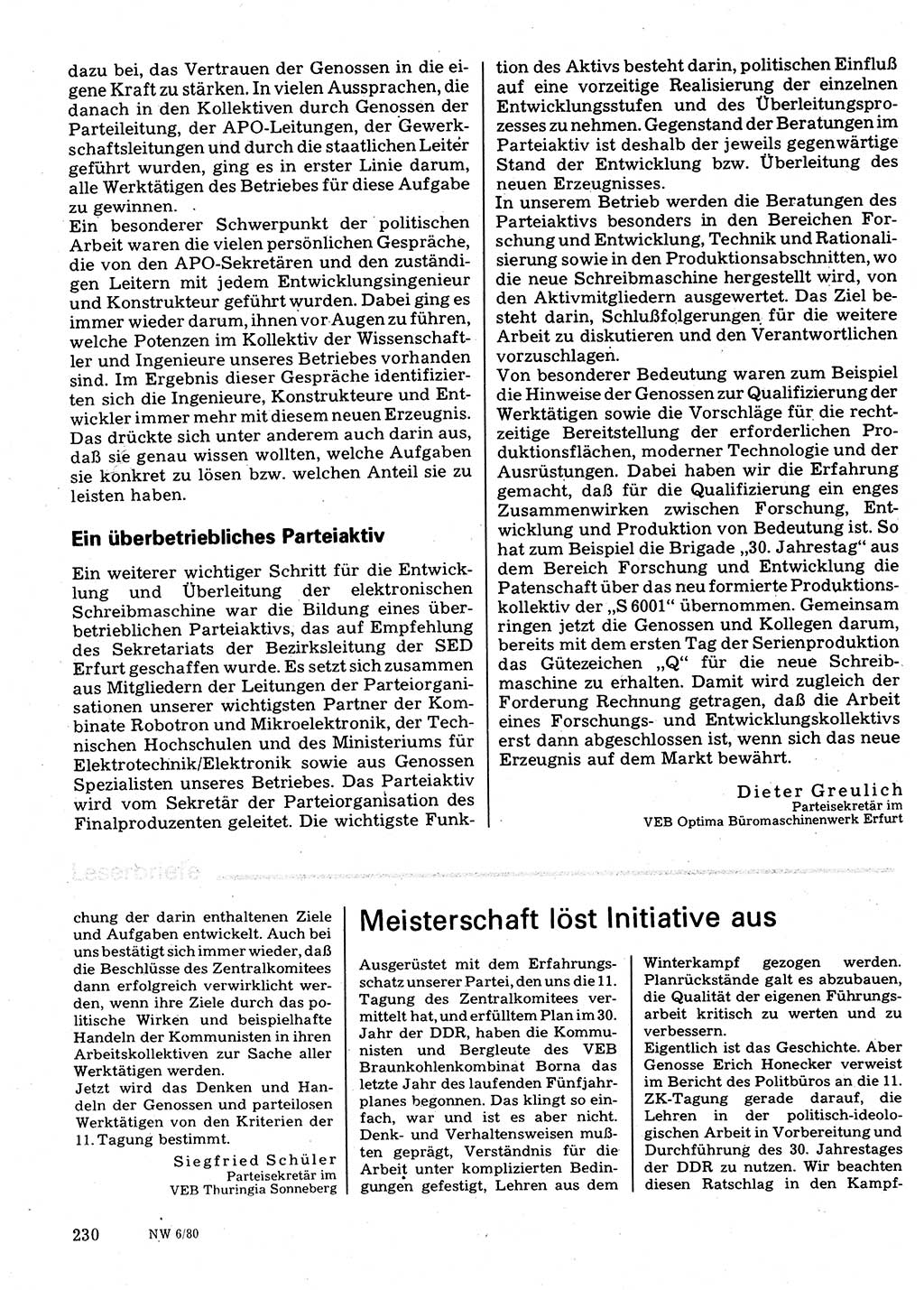 Neuer Weg (NW), Organ des Zentralkomitees (ZK) der SED (Sozialistische Einheitspartei Deutschlands) für Fragen des Parteilebens, 35. Jahrgang [Deutsche Demokratische Republik (DDR)] 1980, Seite 230 (NW ZK SED DDR 1980, S. 230)
