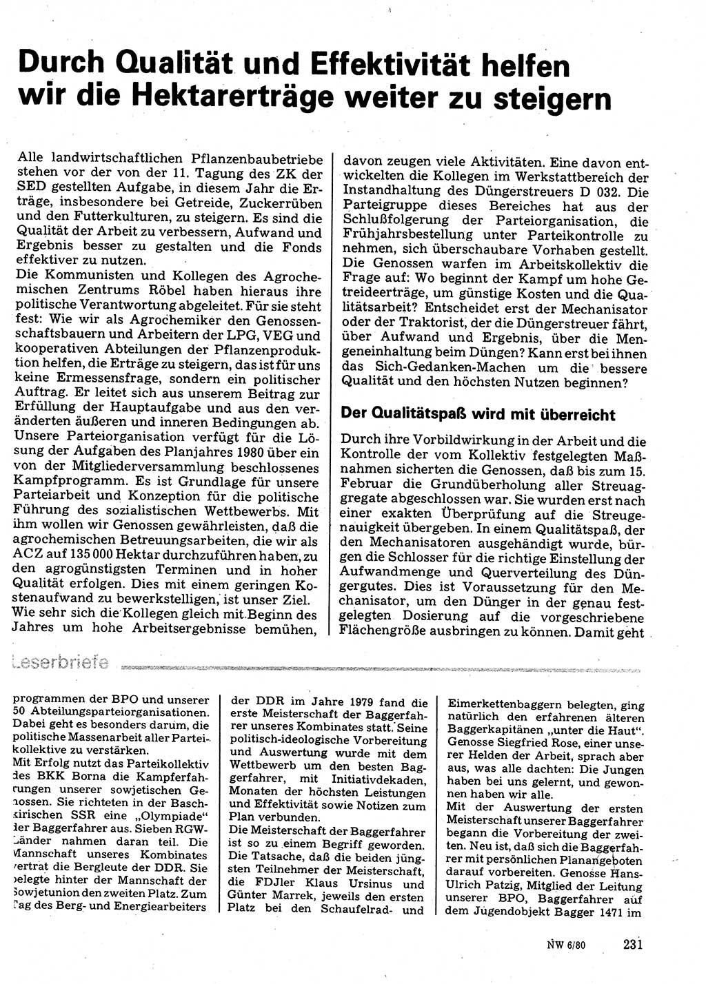 Neuer Weg (NW), Organ des Zentralkomitees (ZK) der SED (Sozialistische Einheitspartei Deutschlands) für Fragen des Parteilebens, 35. Jahrgang [Deutsche Demokratische Republik (DDR)] 1980, Seite 231 (NW ZK SED DDR 1980, S. 231)