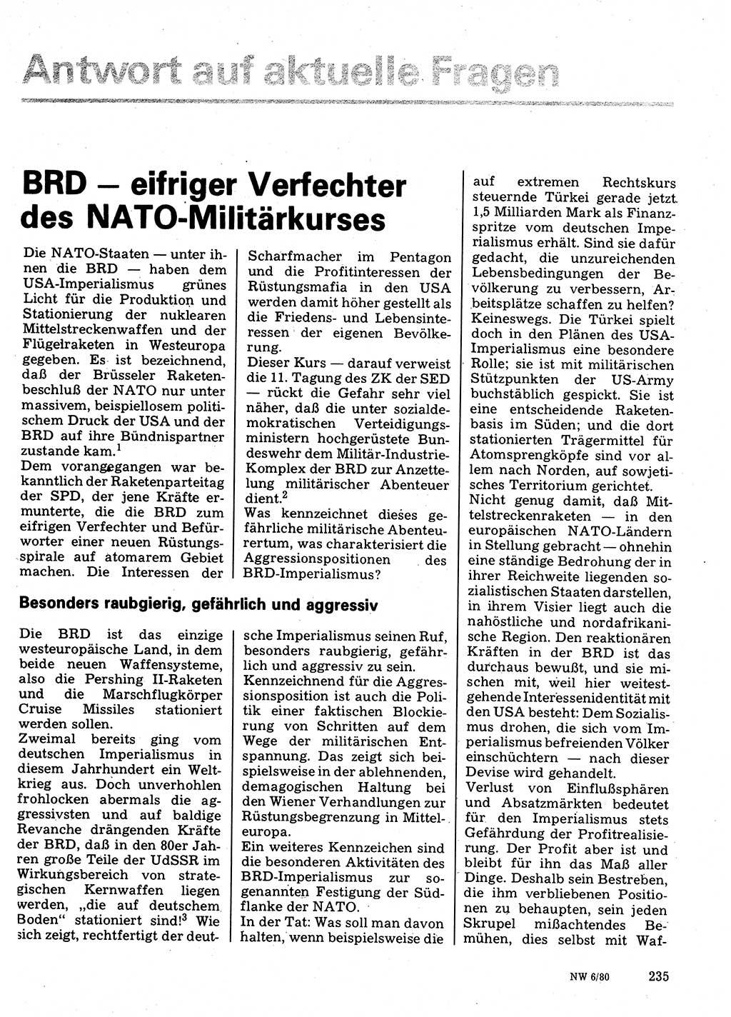 Neuer Weg (NW), Organ des Zentralkomitees (ZK) der SED (Sozialistische Einheitspartei Deutschlands) für Fragen des Parteilebens, 35. Jahrgang [Deutsche Demokratische Republik (DDR)] 1980, Seite 235 (NW ZK SED DDR 1980, S. 235)