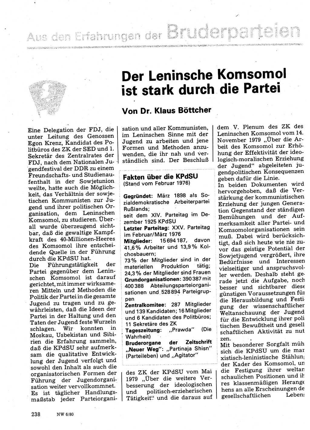 Neuer Weg (NW), Organ des Zentralkomitees (ZK) der SED (Sozialistische Einheitspartei Deutschlands) für Fragen des Parteilebens, 35. Jahrgang [Deutsche Demokratische Republik (DDR)] 1980, Seite 238 (NW ZK SED DDR 1980, S. 238)