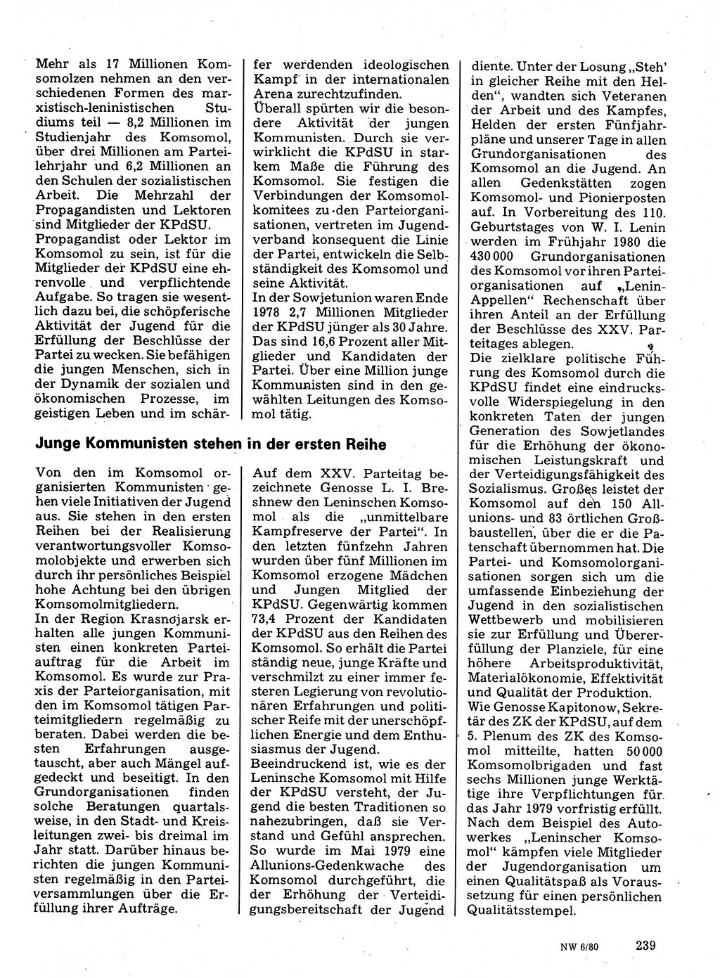 Neuer Weg (NW), Organ des Zentralkomitees (ZK) der SED (Sozialistische Einheitspartei Deutschlands) für Fragen des Parteilebens, 35. Jahrgang [Deutsche Demokratische Republik (DDR)] 1980, Seite 239 (NW ZK SED DDR 1980, S. 239)