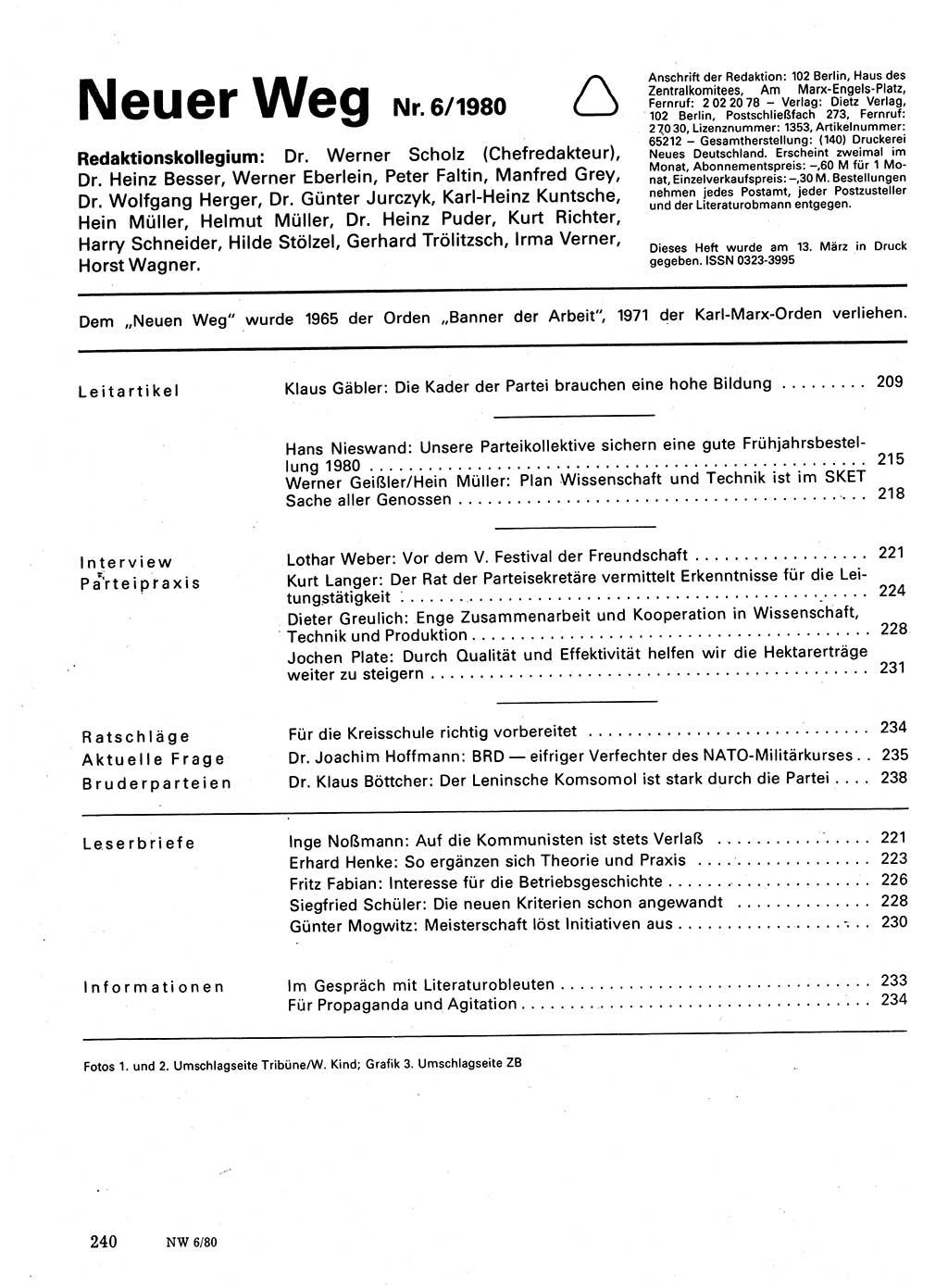 Neuer Weg (NW), Organ des Zentralkomitees (ZK) der SED (Sozialistische Einheitspartei Deutschlands) für Fragen des Parteilebens, 35. Jahrgang [Deutsche Demokratische Republik (DDR)] 1980, Seite 240 (NW ZK SED DDR 1980, S. 240)