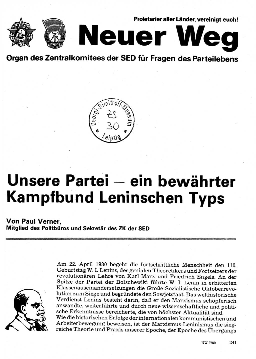 Neuer Weg (NW), Organ des Zentralkomitees (ZK) der SED (Sozialistische Einheitspartei Deutschlands) für Fragen des Parteilebens, 35. Jahrgang [Deutsche Demokratische Republik (DDR)] 1980, Seite 241 (NW ZK SED DDR 1980, S. 241)
