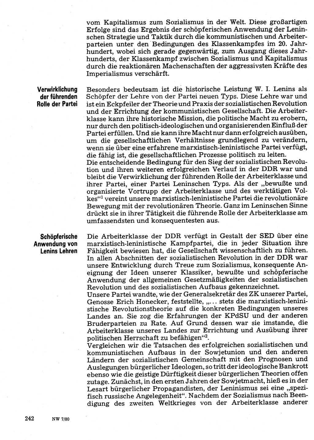Neuer Weg (NW), Organ des Zentralkomitees (ZK) der SED (Sozialistische Einheitspartei Deutschlands) für Fragen des Parteilebens, 35. Jahrgang [Deutsche Demokratische Republik (DDR)] 1980, Seite 242 (NW ZK SED DDR 1980, S. 242)