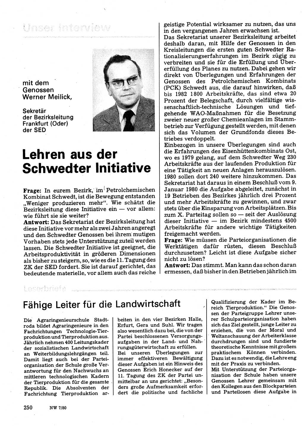Neuer Weg (NW), Organ des Zentralkomitees (ZK) der SED (Sozialistische Einheitspartei Deutschlands) für Fragen des Parteilebens, 35. Jahrgang [Deutsche Demokratische Republik (DDR)] 1980, Seite 250 (NW ZK SED DDR 1980, S. 250)