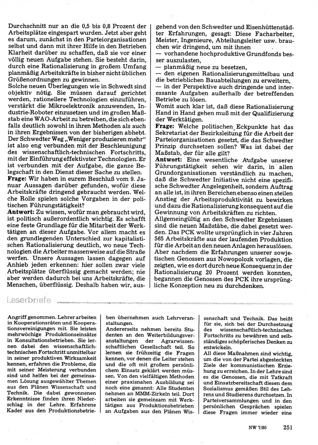 Neuer Weg (NW), Organ des Zentralkomitees (ZK) der SED (Sozialistische Einheitspartei Deutschlands) für Fragen des Parteilebens, 35. Jahrgang [Deutsche Demokratische Republik (DDR)] 1980, Seite 251 (NW ZK SED DDR 1980, S. 251)