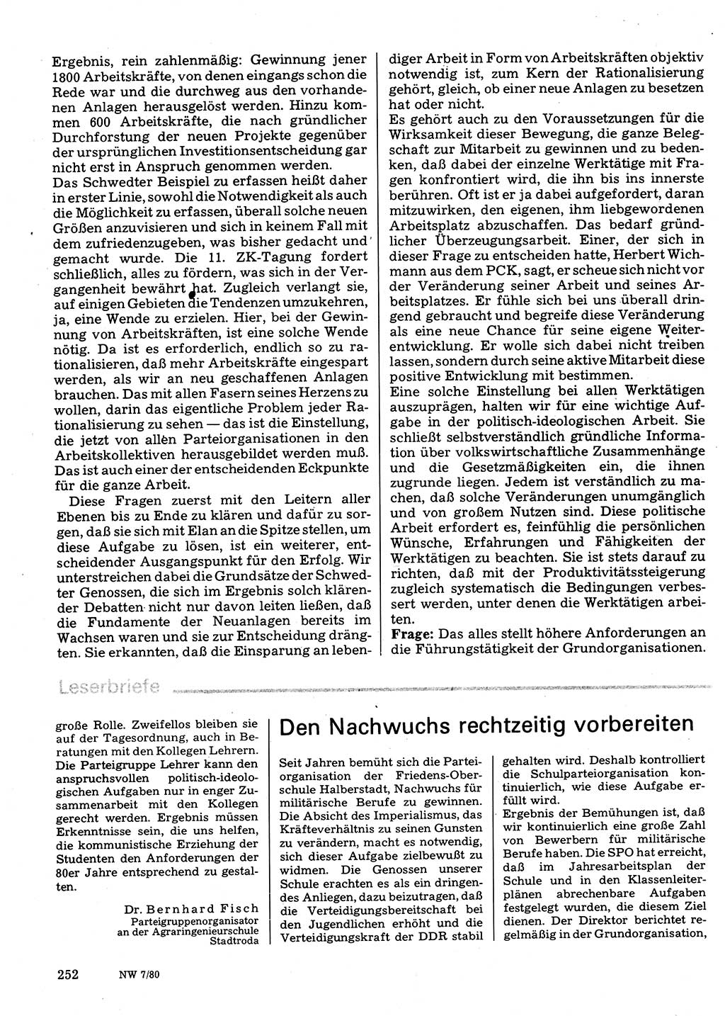 Neuer Weg (NW), Organ des Zentralkomitees (ZK) der SED (Sozialistische Einheitspartei Deutschlands) für Fragen des Parteilebens, 35. Jahrgang [Deutsche Demokratische Republik (DDR)] 1980, Seite 252 (NW ZK SED DDR 1980, S. 252)