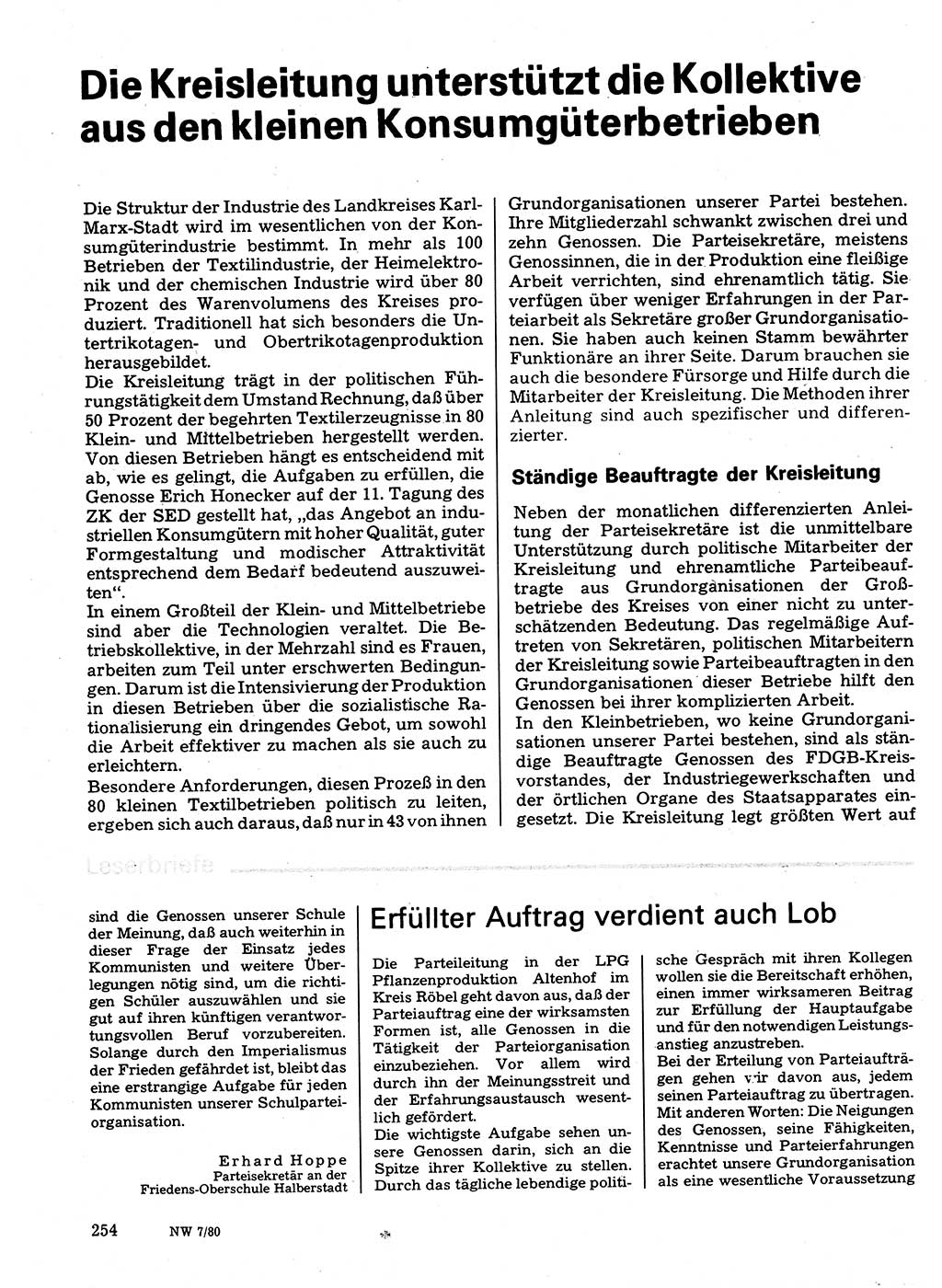 Neuer Weg (NW), Organ des Zentralkomitees (ZK) der SED (Sozialistische Einheitspartei Deutschlands) für Fragen des Parteilebens, 35. Jahrgang [Deutsche Demokratische Republik (DDR)] 1980, Seite 254 (NW ZK SED DDR 1980, S. 254)