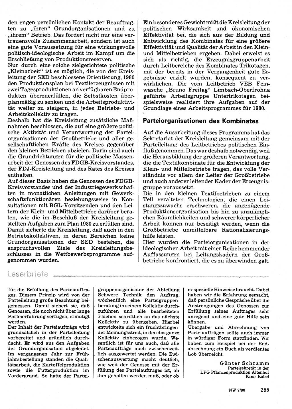 Neuer Weg (NW), Organ des Zentralkomitees (ZK) der SED (Sozialistische Einheitspartei Deutschlands) für Fragen des Parteilebens, 35. Jahrgang [Deutsche Demokratische Republik (DDR)] 1980, Seite 255 (NW ZK SED DDR 1980, S. 255)