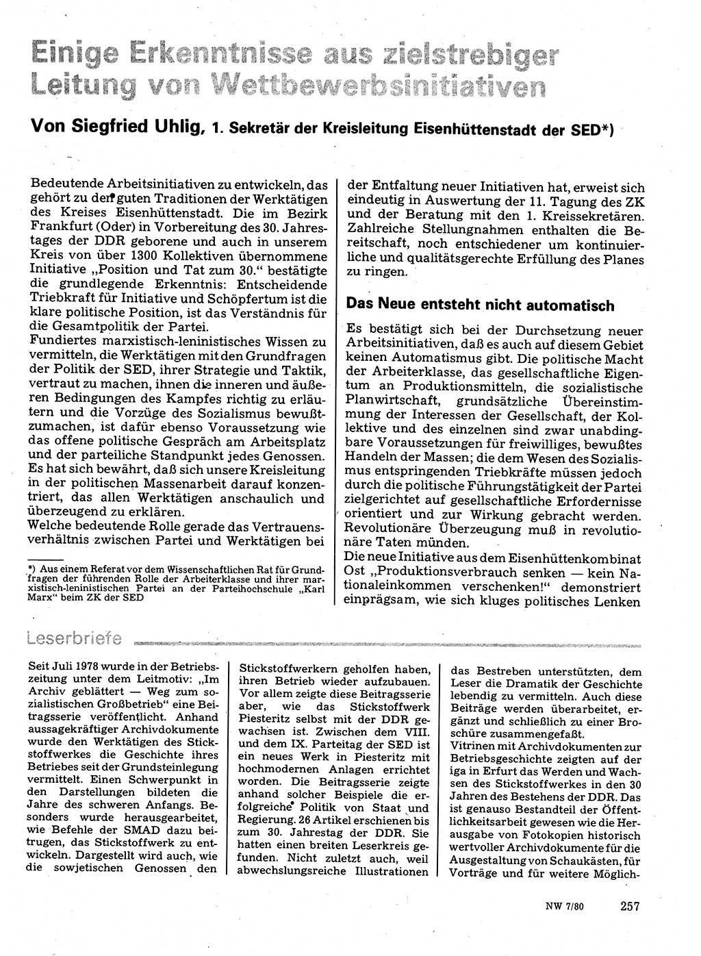 Neuer Weg (NW), Organ des Zentralkomitees (ZK) der SED (Sozialistische Einheitspartei Deutschlands) für Fragen des Parteilebens, 35. Jahrgang [Deutsche Demokratische Republik (DDR)] 1980, Seite 257 (NW ZK SED DDR 1980, S. 257)