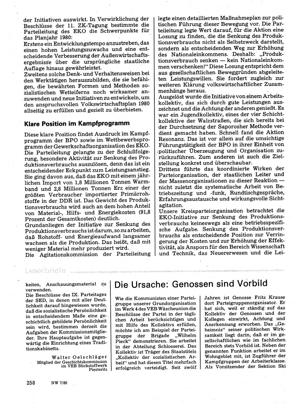 Neuer Weg (NW), Organ des Zentralkomitees (ZK) der SED (Sozialistische Einheitspartei Deutschlands) für Fragen des Parteilebens, 35. Jahrgang [Deutsche Demokratische Republik (DDR)] 1980, Seite 258 (NW ZK SED DDR 1980, S. 258)