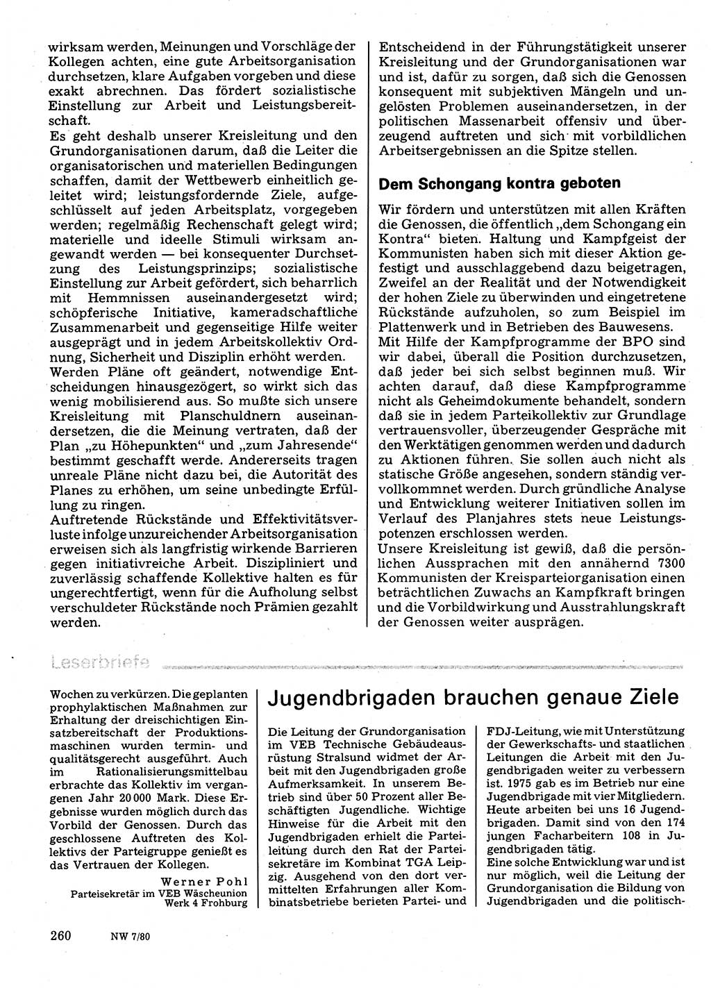Neuer Weg (NW), Organ des Zentralkomitees (ZK) der SED (Sozialistische Einheitspartei Deutschlands) für Fragen des Parteilebens, 35. Jahrgang [Deutsche Demokratische Republik (DDR)] 1980, Seite 260 (NW ZK SED DDR 1980, S. 260)