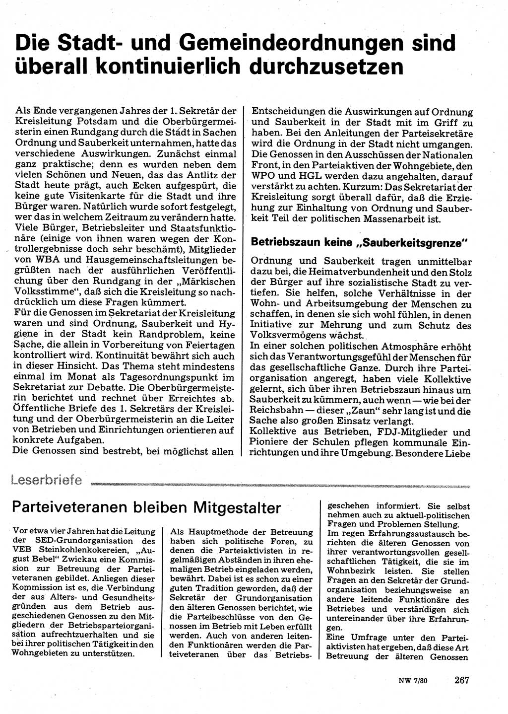 Neuer Weg (NW), Organ des Zentralkomitees (ZK) der SED (Sozialistische Einheitspartei Deutschlands) für Fragen des Parteilebens, 35. Jahrgang [Deutsche Demokratische Republik (DDR)] 1980, Seite 267 (NW ZK SED DDR 1980, S. 267)