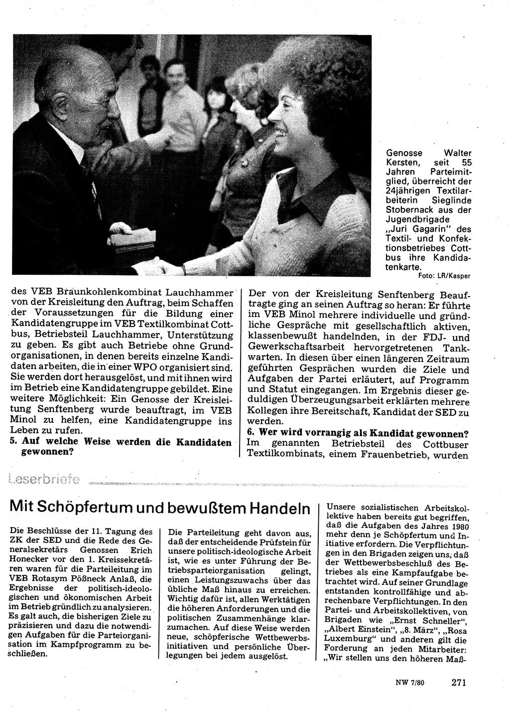 Neuer Weg (NW), Organ des Zentralkomitees (ZK) der SED (Sozialistische Einheitspartei Deutschlands) für Fragen des Parteilebens, 35. Jahrgang [Deutsche Demokratische Republik (DDR)] 1980, Seite 271 (NW ZK SED DDR 1980, S. 271)