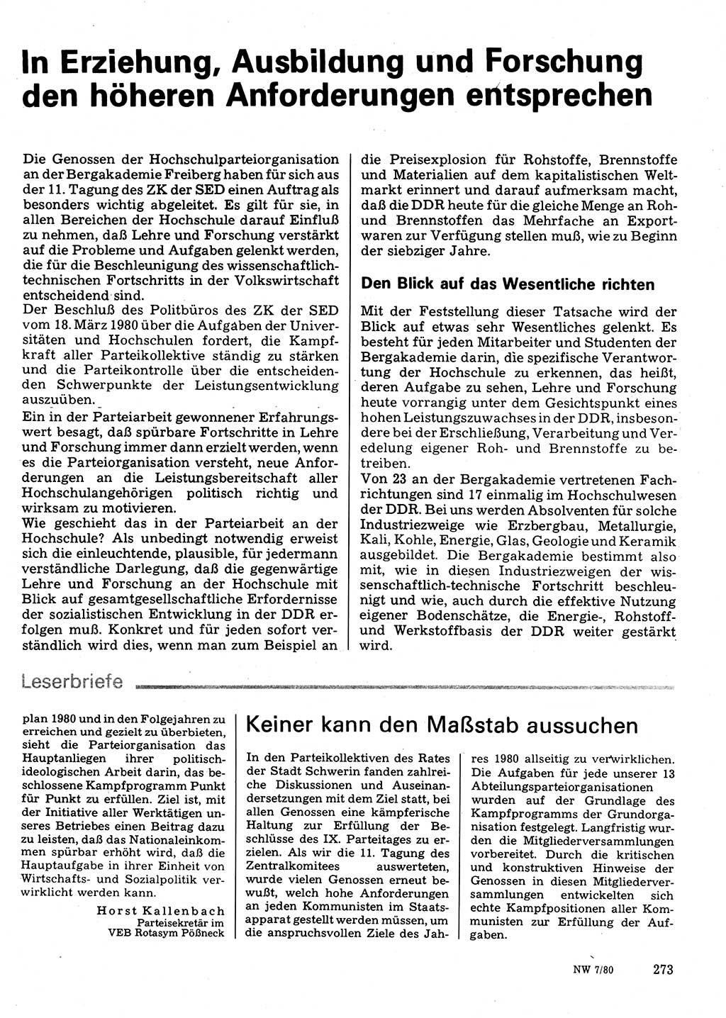 Neuer Weg (NW), Organ des Zentralkomitees (ZK) der SED (Sozialistische Einheitspartei Deutschlands) für Fragen des Parteilebens, 35. Jahrgang [Deutsche Demokratische Republik (DDR)] 1980, Seite 273 (NW ZK SED DDR 1980, S. 273)