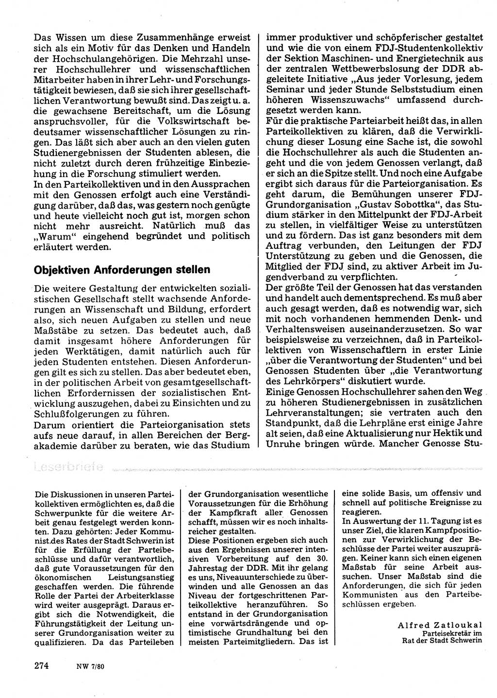 Neuer Weg (NW), Organ des Zentralkomitees (ZK) der SED (Sozialistische Einheitspartei Deutschlands) für Fragen des Parteilebens, 35. Jahrgang [Deutsche Demokratische Republik (DDR)] 1980, Seite 274 (NW ZK SED DDR 1980, S. 274)