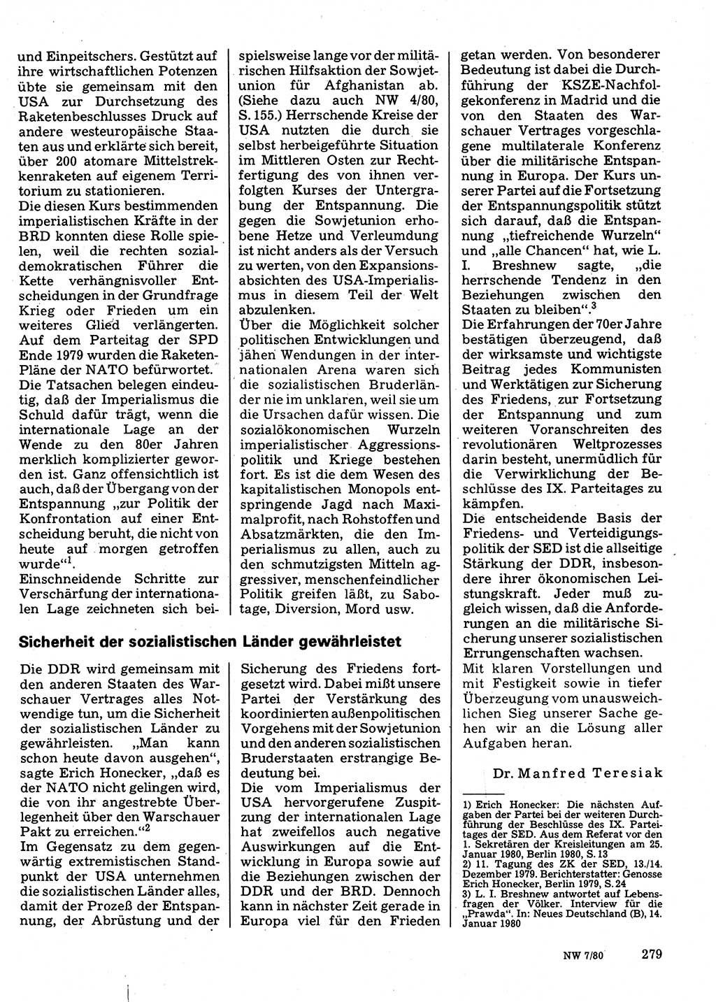 Neuer Weg (NW), Organ des Zentralkomitees (ZK) der SED (Sozialistische Einheitspartei Deutschlands) für Fragen des Parteilebens, 35. Jahrgang [Deutsche Demokratische Republik (DDR)] 1980, Seite 279 (NW ZK SED DDR 1980, S. 279)