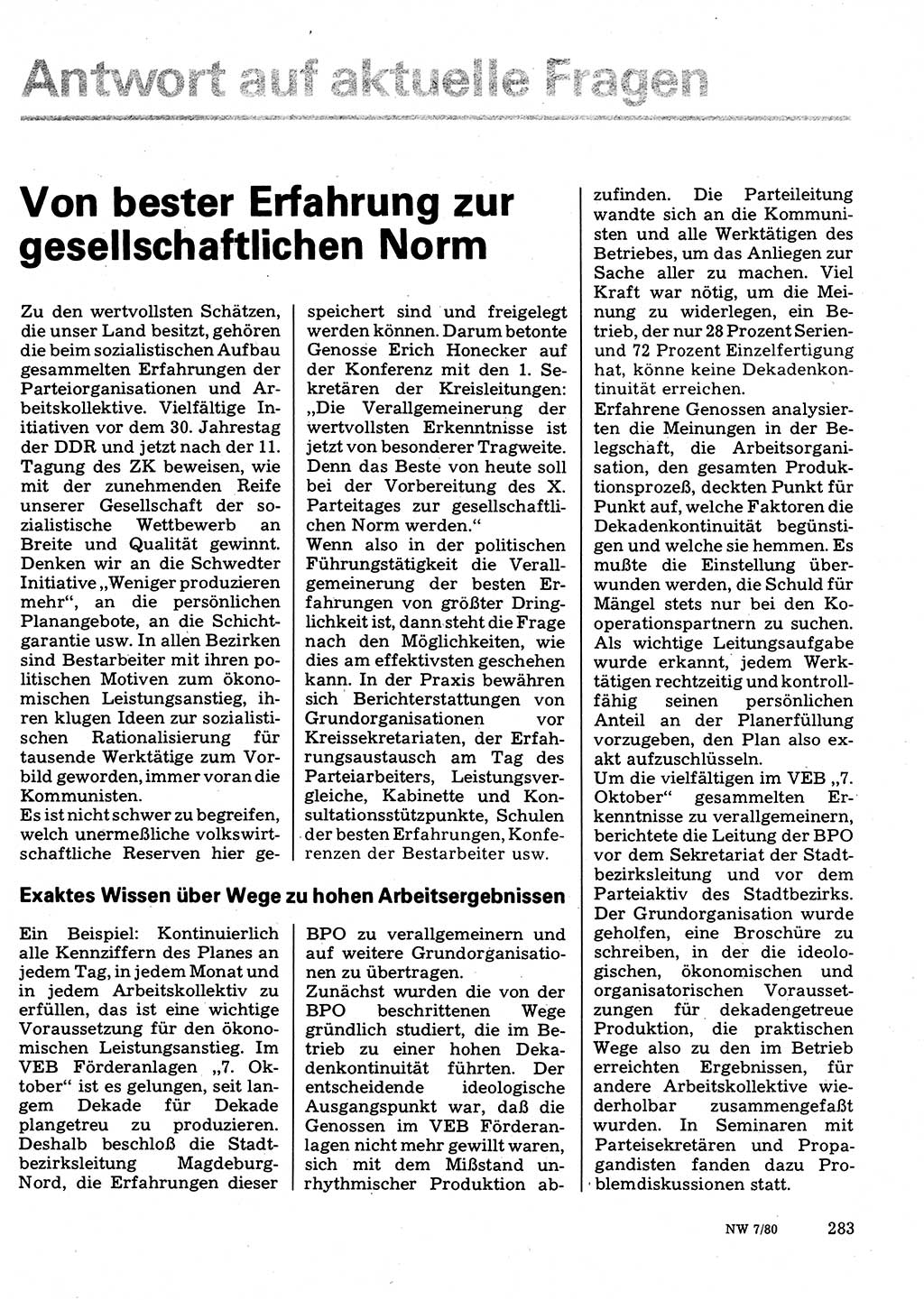 Neuer Weg (NW), Organ des Zentralkomitees (ZK) der SED (Sozialistische Einheitspartei Deutschlands) für Fragen des Parteilebens, 35. Jahrgang [Deutsche Demokratische Republik (DDR)] 1980, Seite 283 (NW ZK SED DDR 1980, S. 283)