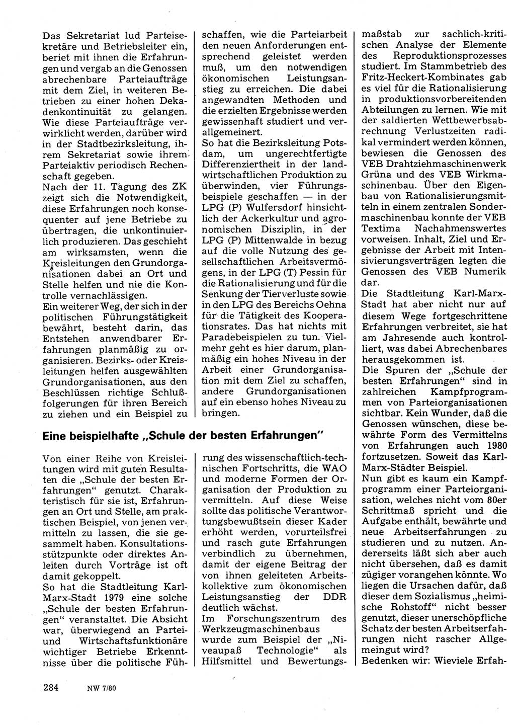 Neuer Weg (NW), Organ des Zentralkomitees (ZK) der SED (Sozialistische Einheitspartei Deutschlands) für Fragen des Parteilebens, 35. Jahrgang [Deutsche Demokratische Republik (DDR)] 1980, Seite 284 (NW ZK SED DDR 1980, S. 284)