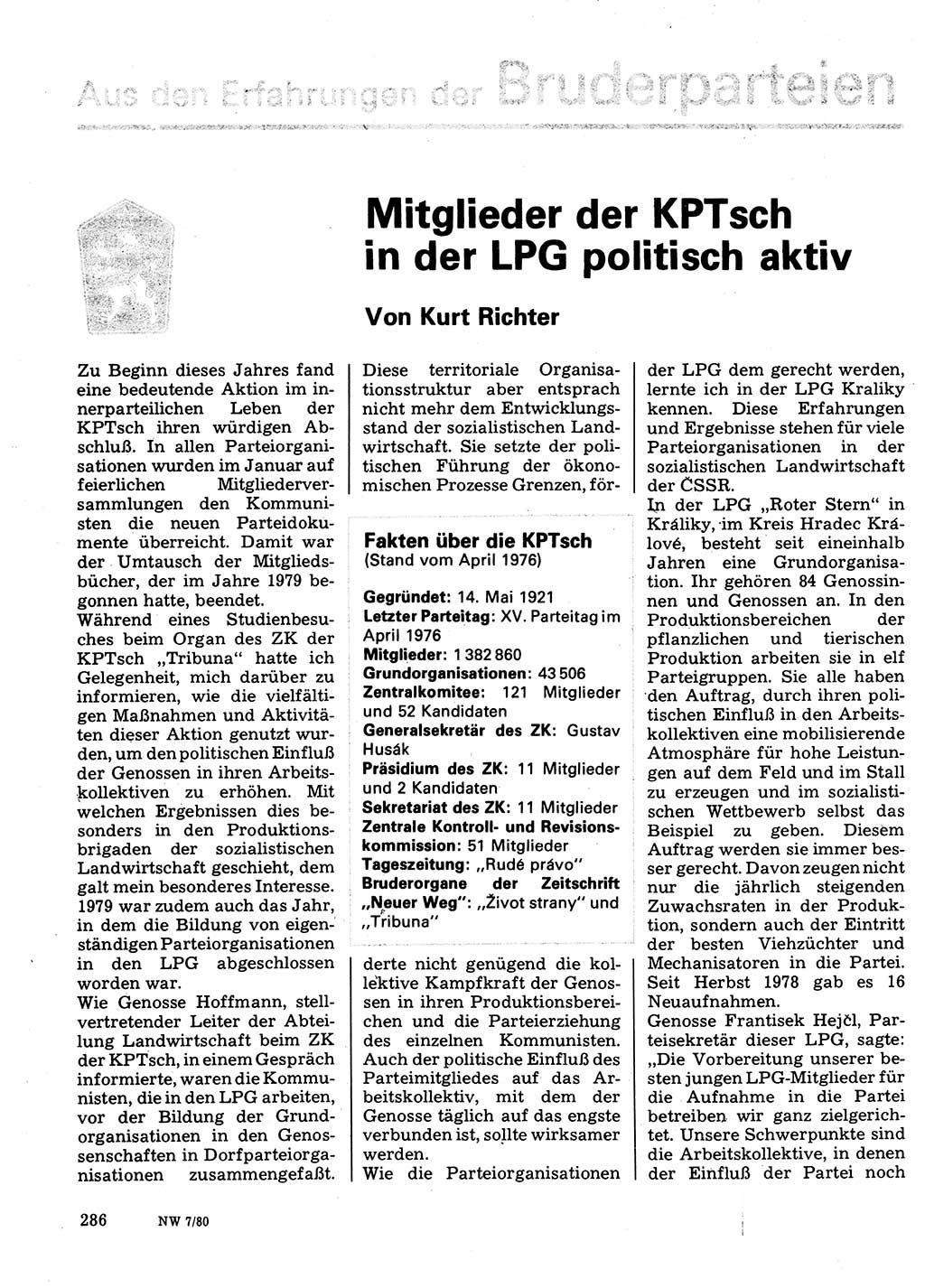 Neuer Weg (NW), Organ des Zentralkomitees (ZK) der SED (Sozialistische Einheitspartei Deutschlands) für Fragen des Parteilebens, 35. Jahrgang [Deutsche Demokratische Republik (DDR)] 1980, Seite 286 (NW ZK SED DDR 1980, S. 286)