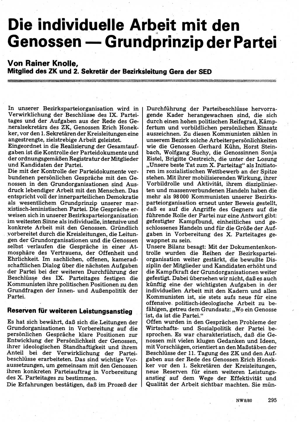 Neuer Weg (NW), Organ des Zentralkomitees (ZK) der SED (Sozialistische Einheitspartei Deutschlands) für Fragen des Parteilebens, 35. Jahrgang [Deutsche Demokratische Republik (DDR)] 1980, Seite 295 (NW ZK SED DDR 1980, S. 295)