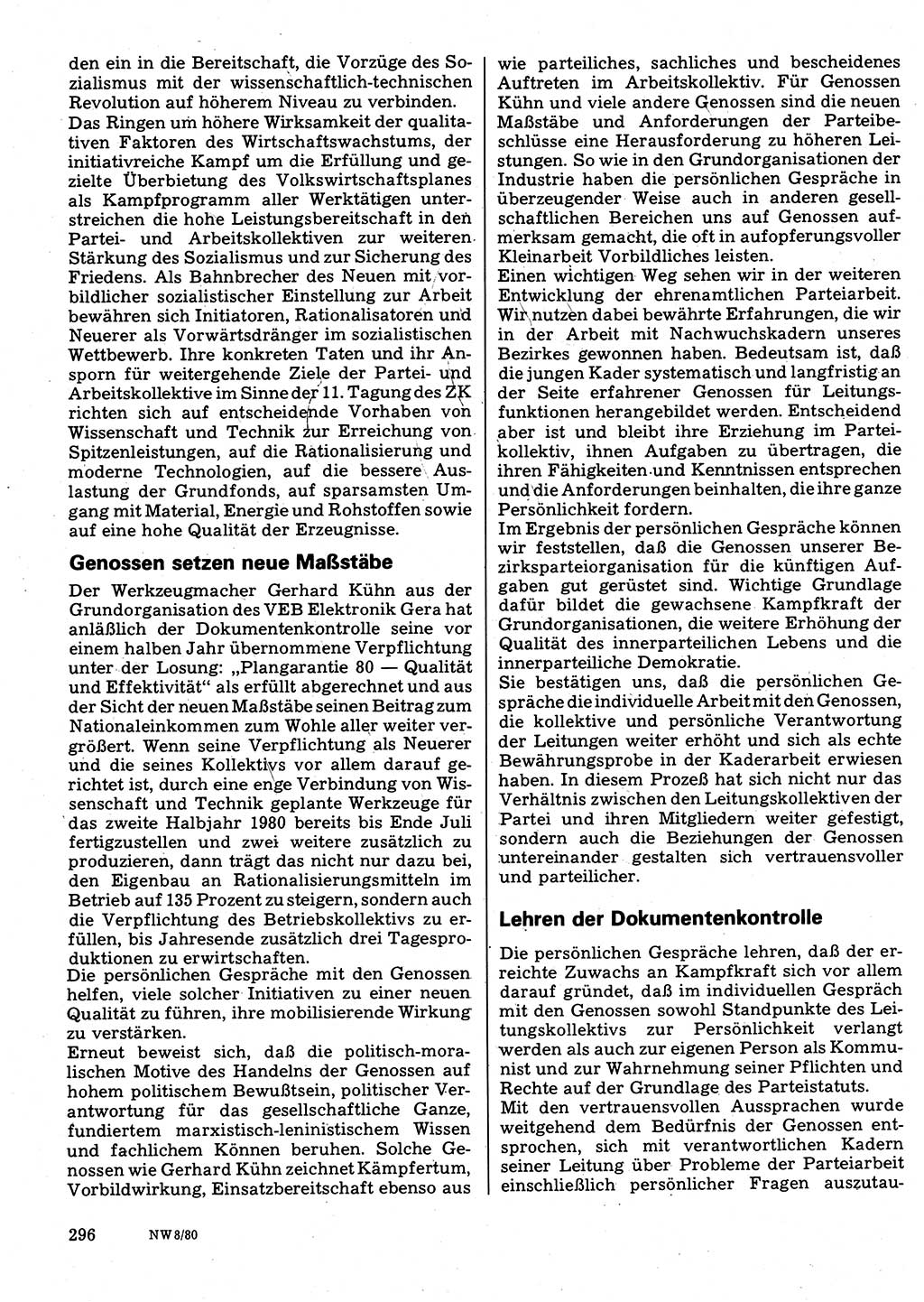 Neuer Weg (NW), Organ des Zentralkomitees (ZK) der SED (Sozialistische Einheitspartei Deutschlands) für Fragen des Parteilebens, 35. Jahrgang [Deutsche Demokratische Republik (DDR)] 1980, Seite 296 (NW ZK SED DDR 1980, S. 296)