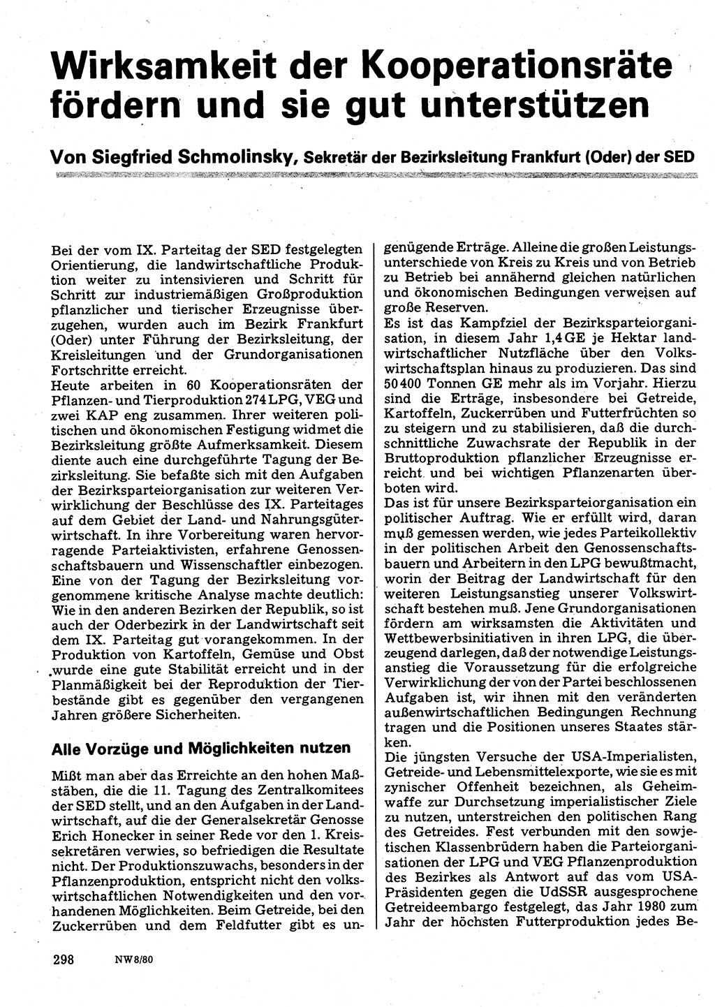 Neuer Weg (NW), Organ des Zentralkomitees (ZK) der SED (Sozialistische Einheitspartei Deutschlands) fÃ¼r Fragen des Parteilebens, 35. Jahrgang [Deutsche Demokratische Republik (DDR)] 1980, Seite 298 (NW ZK SED DDR 1980, S. 298)